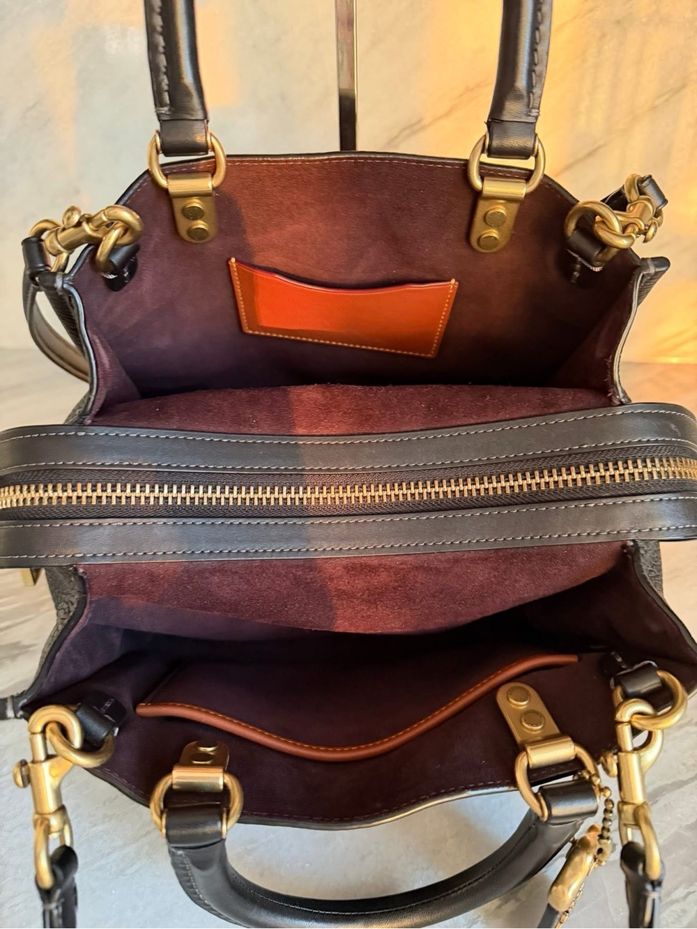 Coach Rogue 25 Black Pebbled Leather with wine/Bordeaux suede interior. - Picture 4 of 11